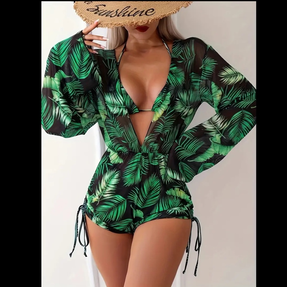 ‼️Final price safari leaves print 2 piece bikini swimsuit & cover up romper